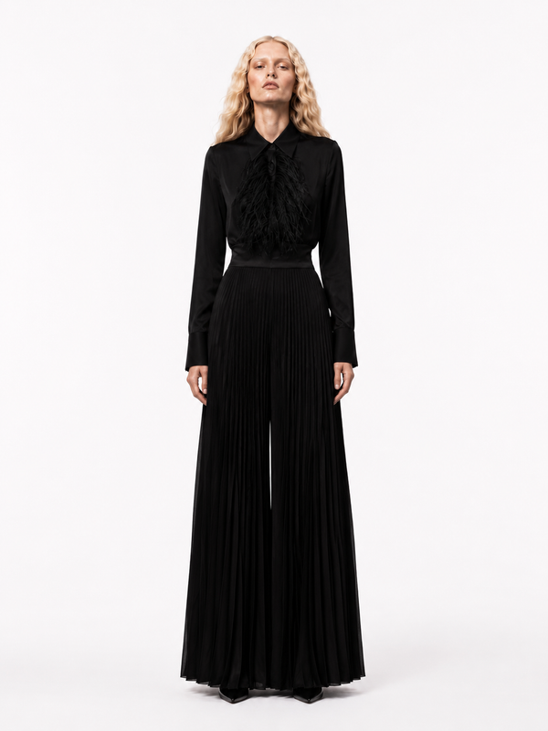The	Black Feather Pleated Trouser Set